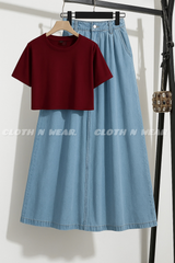 DENIM SKIRT WITH MAROON CROP T-SHIRT