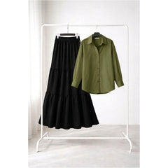 Black Three tier skirt with olive green button down shirt