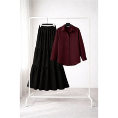 Black Three tier skirt with maroon button down shirt