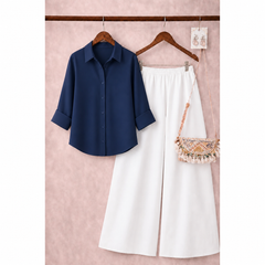 Dark blue button down shirt with white Flapper
