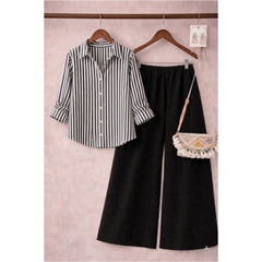 Black and White Stripe Button down shirt with black Flapper