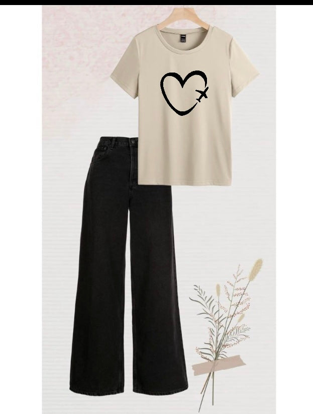 Beige colour shirt(heart ) print with black wide leg jeans
