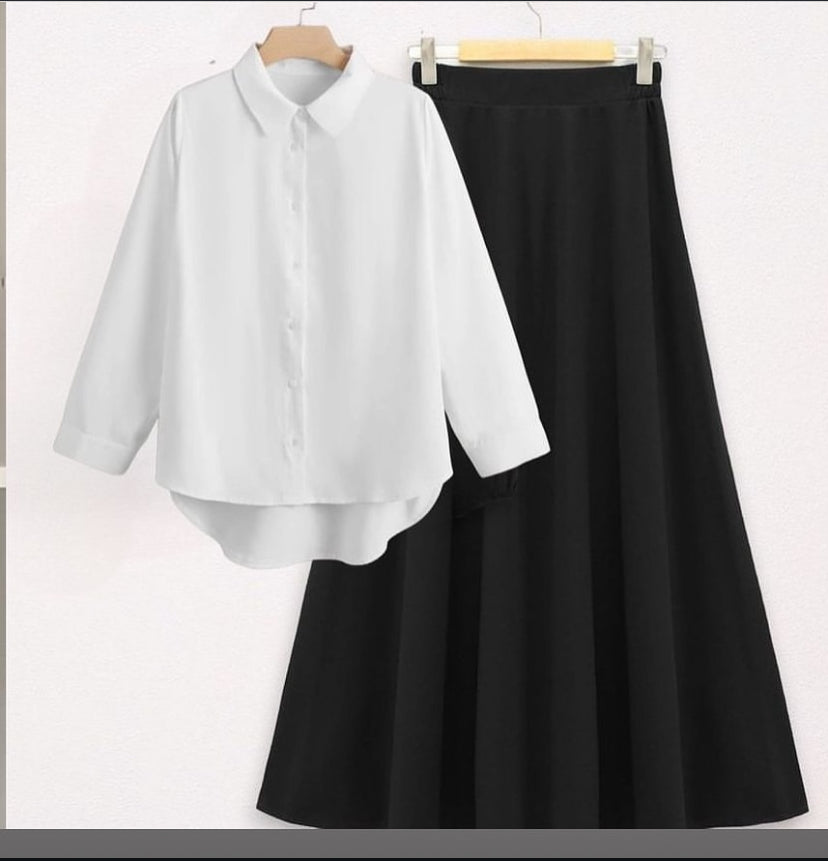 White button down shirt with black skirt