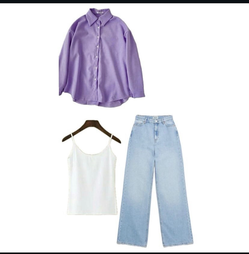 Pair of lilac button down shirt with white inner and sky blue jeans
