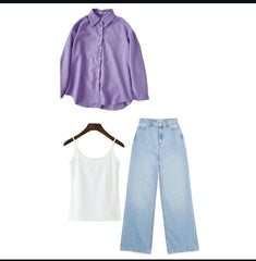 Pair of lilac button down shirt with white inner and sky blue jeans