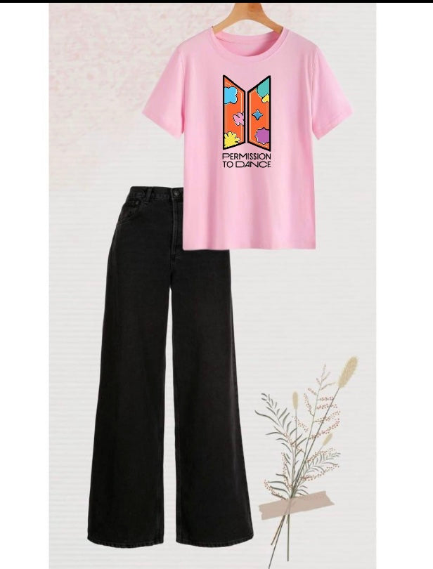 Baby pink colour shirt(permission to dance) BTS print with black wide leg jeans