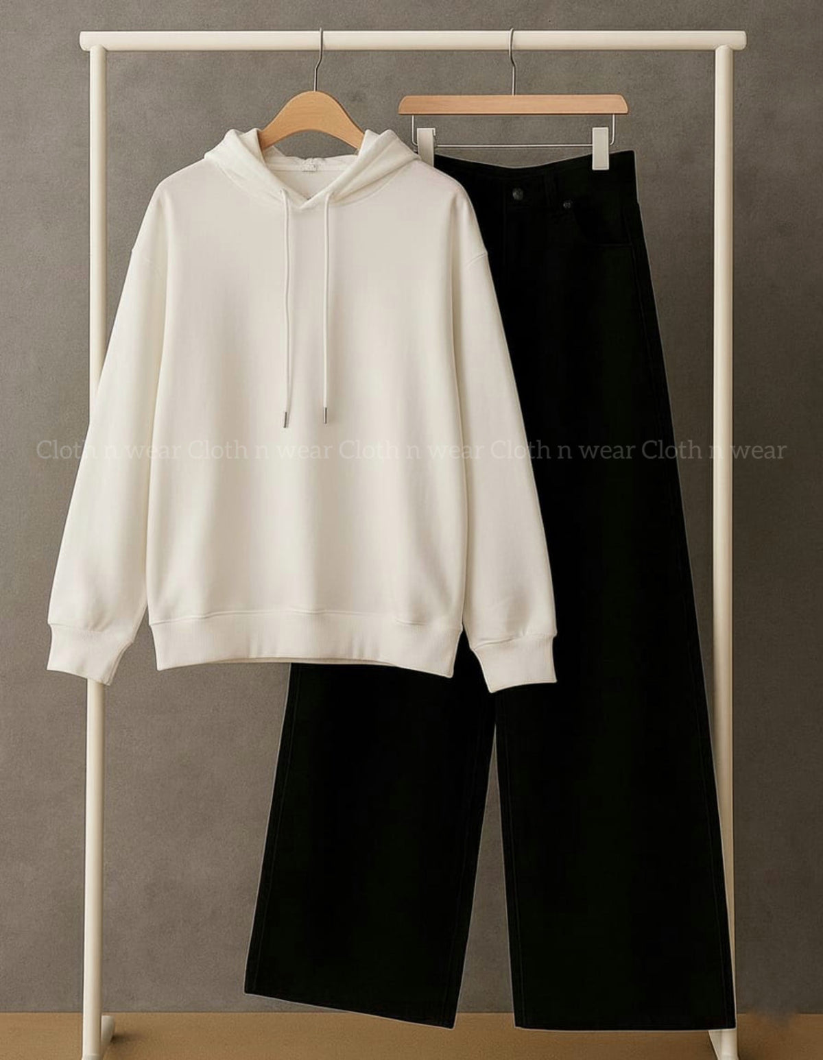 Plain white hoodie with black wide leg jeans