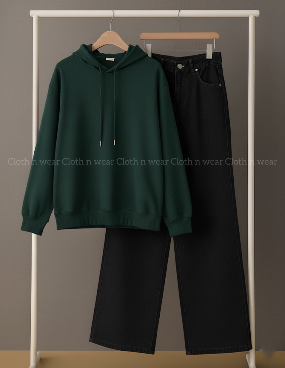 Plain Dark green hoodie with black wide leg jeans