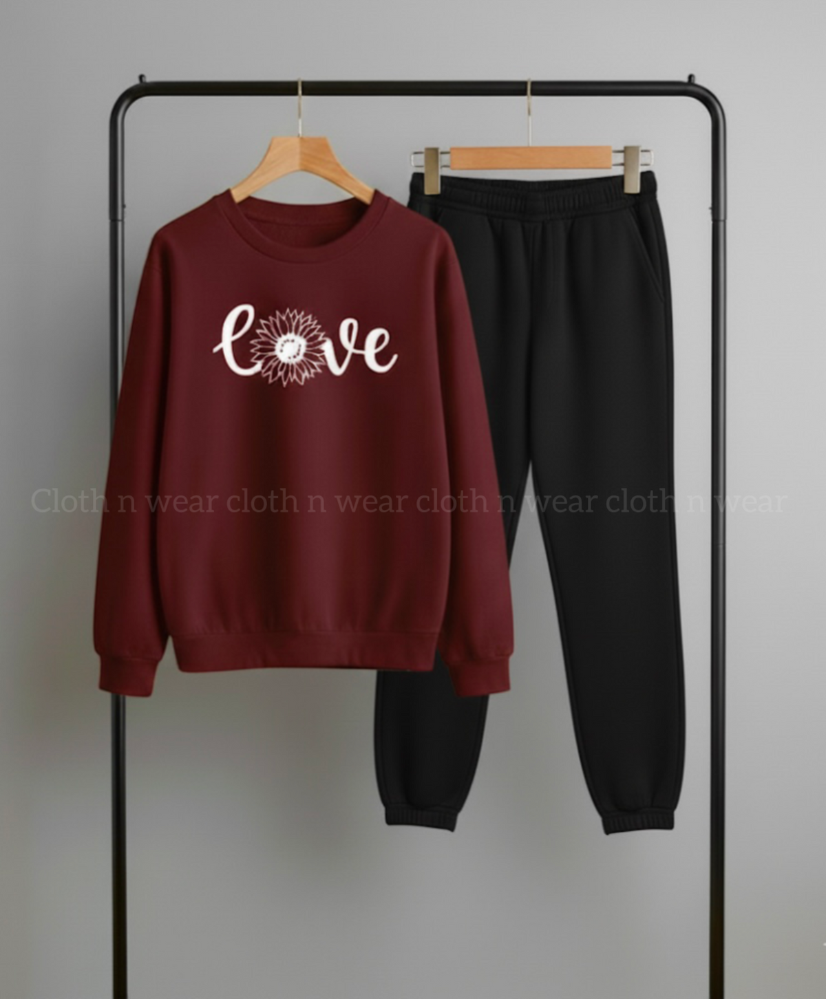 Maroon sweatshirt love print with black trouser (track suit)