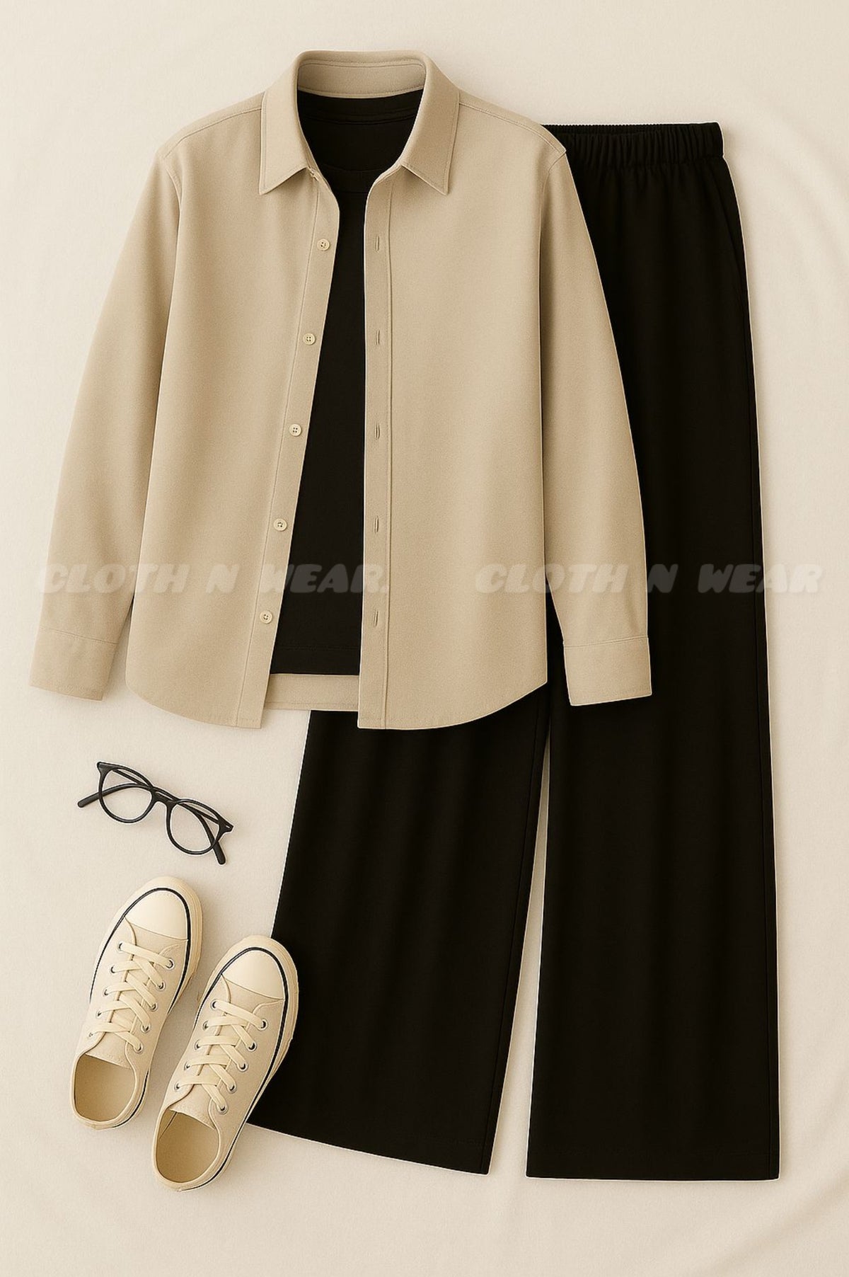 Pair of 3 (beige button down shirt, black inner tshirt and black flapper)women