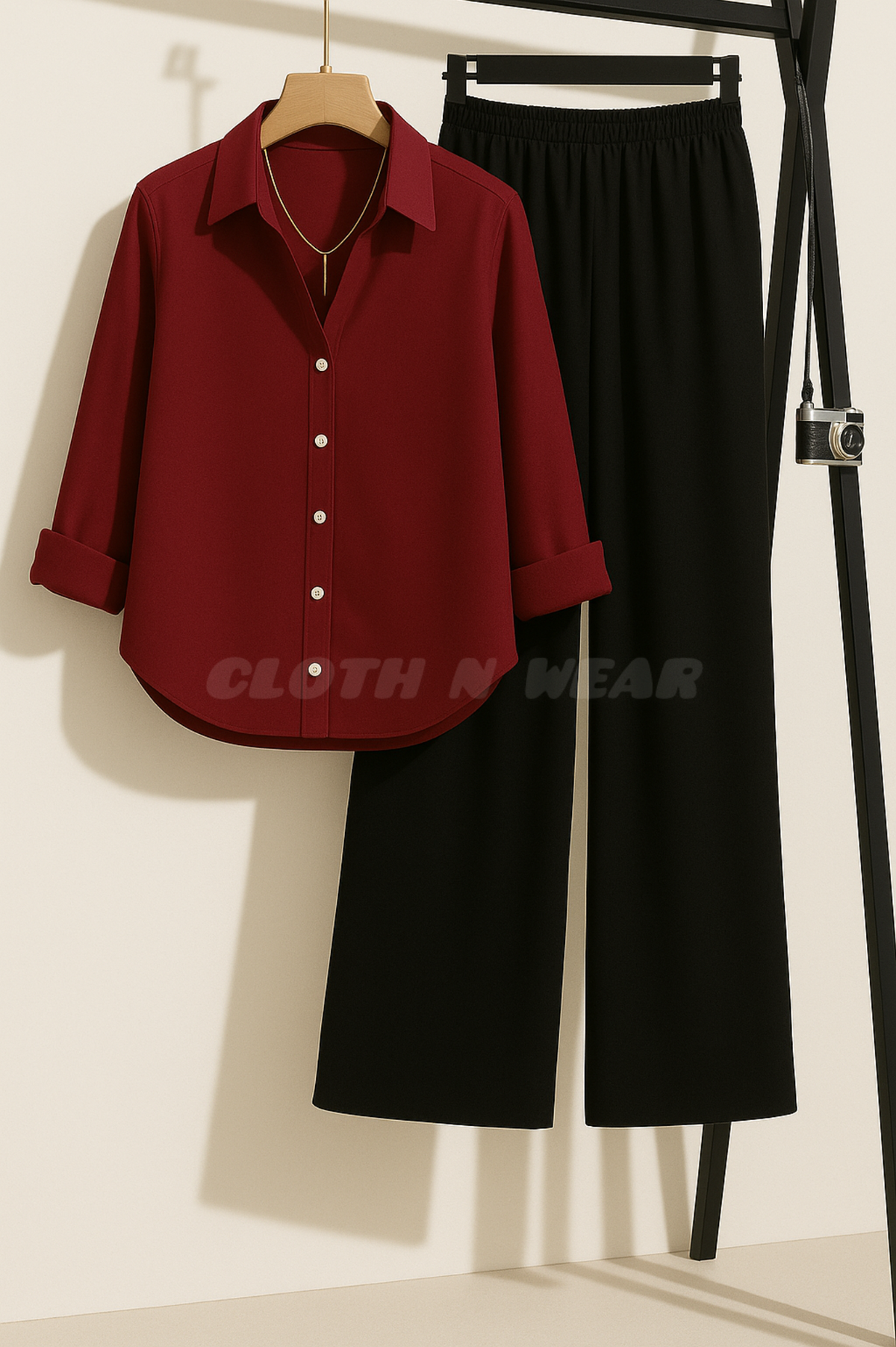 Pair of 2 (maroon button down shirt with black flapper trouser)