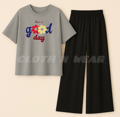 Grey t-shirt (good day) print with black flapper trouser