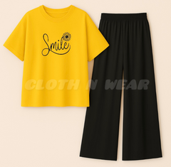 Yellow t-shirt (smile) print with black flapper trouser