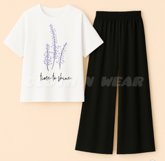 White t-shirt(time to shine) print with black flapper trouser