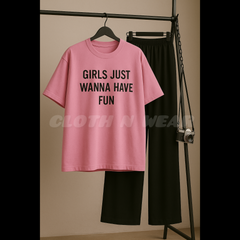 Pink T-shirt (girls just wanna have fun) print with black flapper trouser