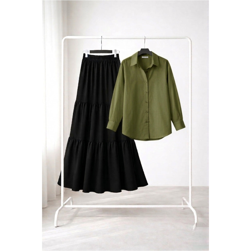 Black Three tier skirt with olive green button down shirt