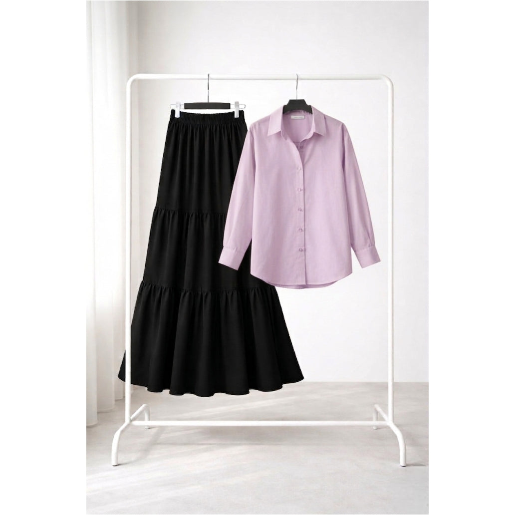 Black Three tier skirt with lilac button down shirt