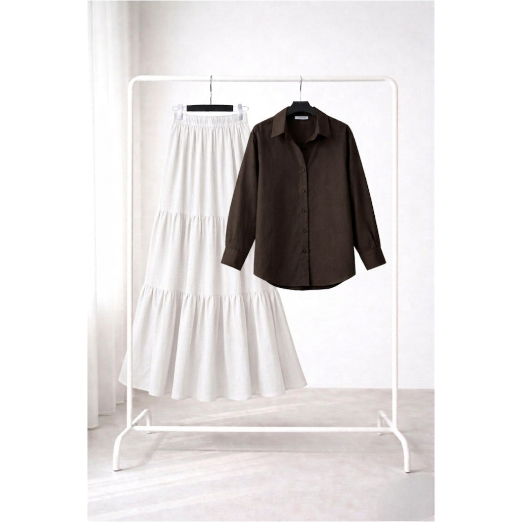 White Three tier skirt with brown button down shirt