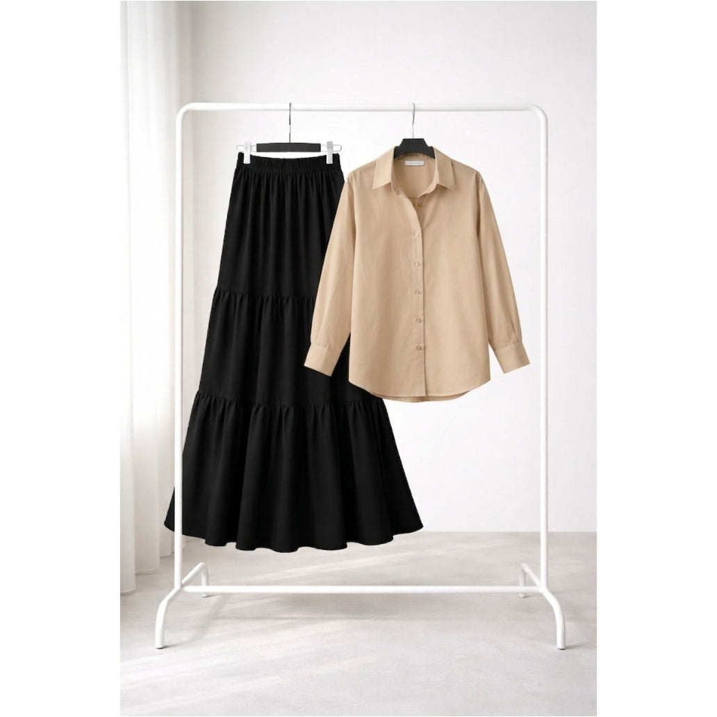 Black Three tier skirt with beige button down shirt