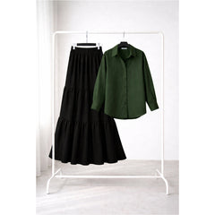 Black Three tier skirt with green button down shirt