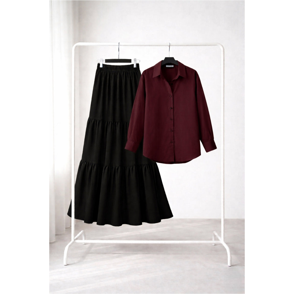 Black Three tier skirt with maroon button down shirt