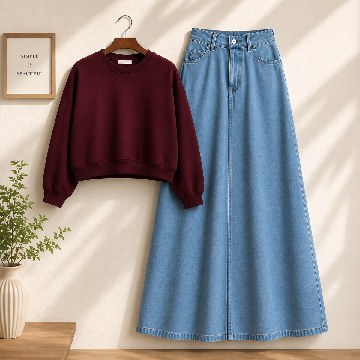 Crop Sweatshirts with Denim skirt