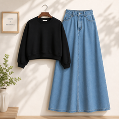 Crop Sweatshirts with Denim skirt