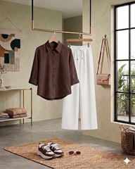Brown Button down shirt With White Flapper