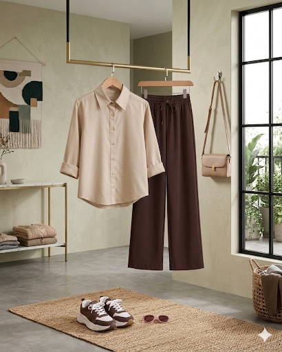 Beige Button down shirt with Brown Flapper