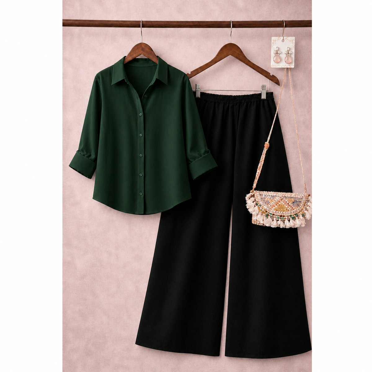 Green Button down shirt with Black flapper