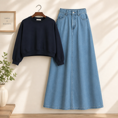 Crop Sweatshirts with Denim skirt