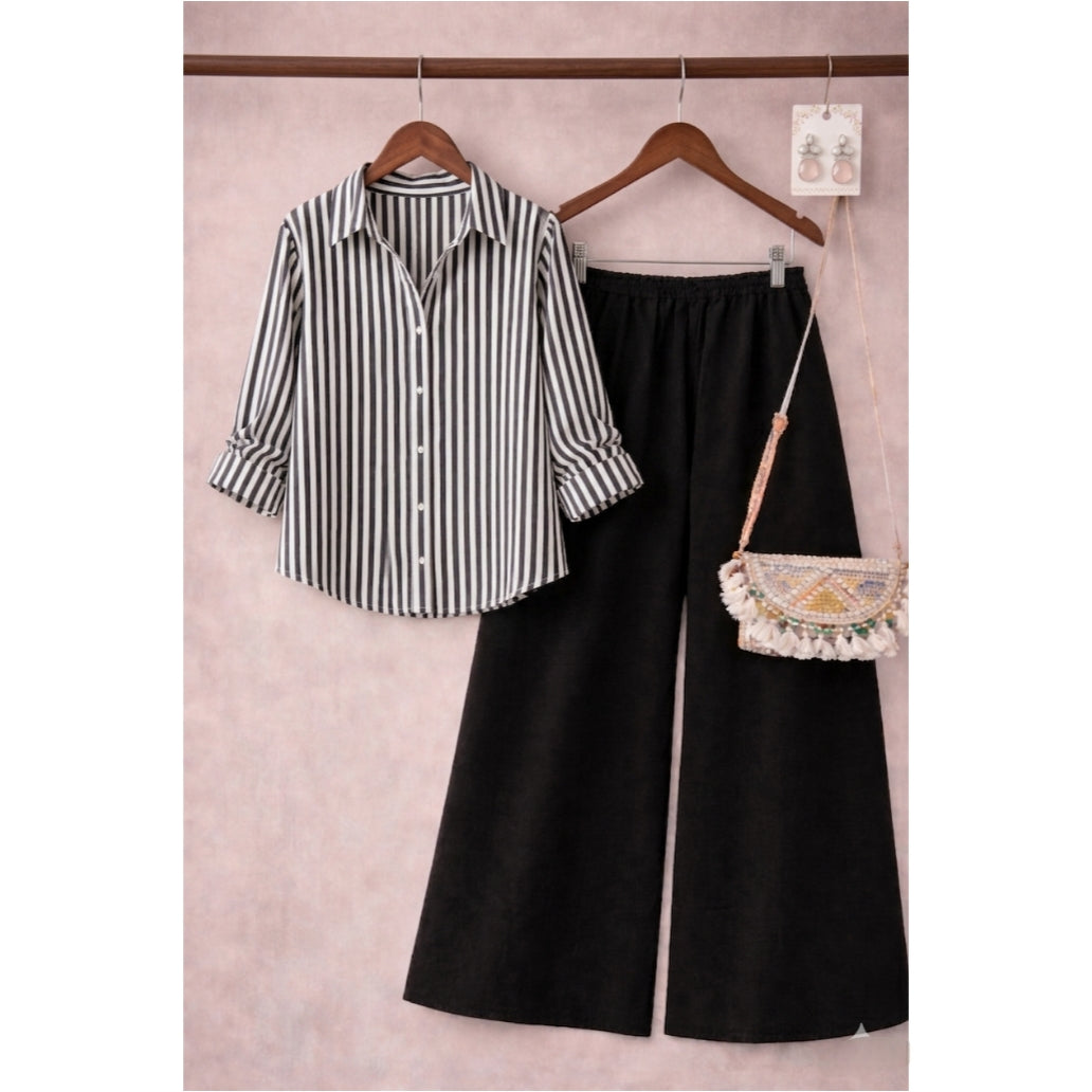 Black and White Stripe Button down shirt with black Flapper