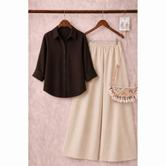 Dark brown button down shirt with Beige Flapper