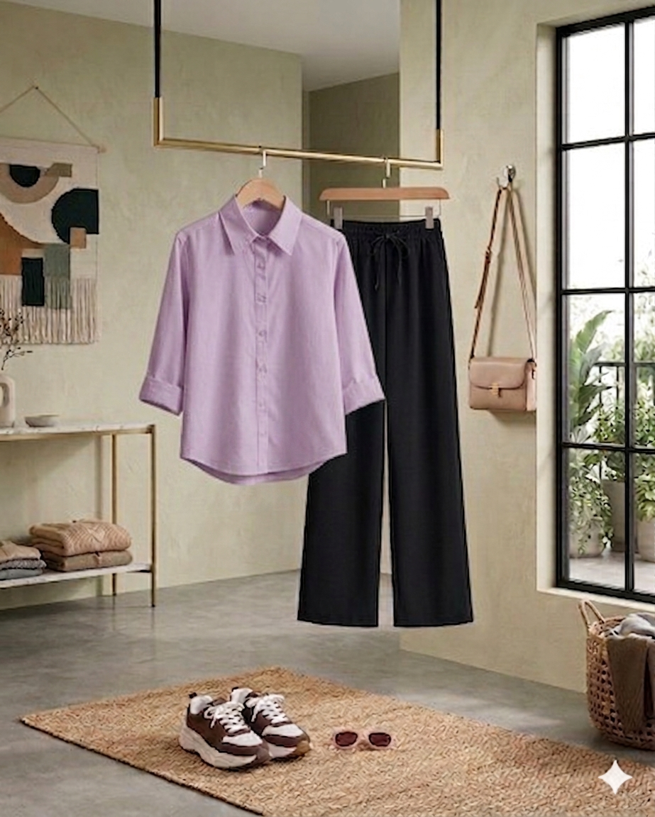 Lilac Button Down Shirt with Black Flapper